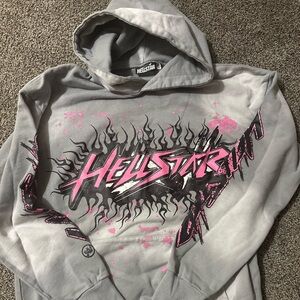 Hellstar Men’s Gray Zip-Up Hoodie with Pink Graphic